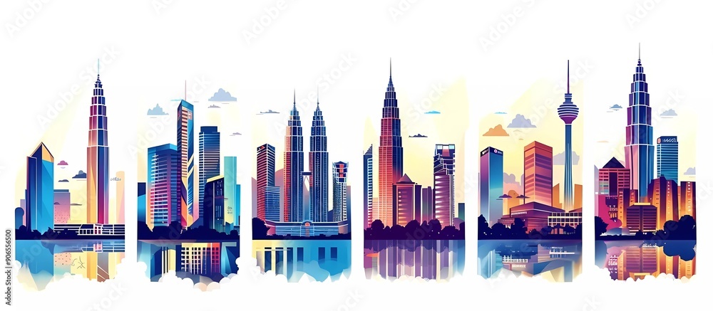 Obraz premium set of vector illustrations, trendy retro pop art poster style with different cityscapes featuring the allure tower in kuala lumpur cityscape