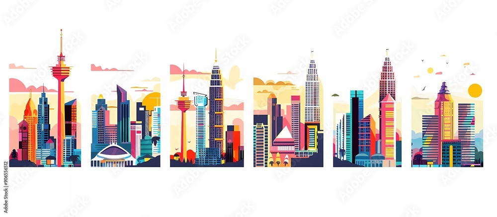 set of vector illustrations, trendy retro pop art poster style with different cityscapes featuring the allure tower in kuala lumpur cityscape set of vector illustrations, trendy retro pop art poster style with different cityscapes featuring the allure tower in kuala lumpur cityscape