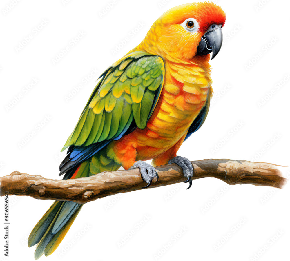 A colorful parrot is perched on a branch. The bird is green and yellow, with a black beak. The image has a bright and cheerful mood, as the parrot's colors are vibrant and lively
