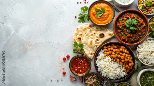 Wallpaper Mural A vibrant spread of Indian cuisine featuring lentils, rice, bread, and rich curries, perfect for food enthusiasts and chefs. Torontodigital.ca