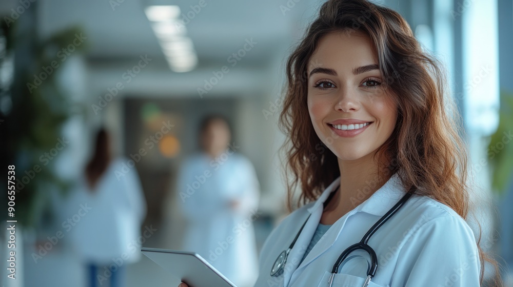 A beautiful and joyful female doctor, confidently holding a tablet in a hospital workplace, smiling at the camera, radiating warmth and dedication A beautiful and joyful female doctor, confidently holding a tablet in a hospital workplace, smiling at the camera, radiating warmth and dedication