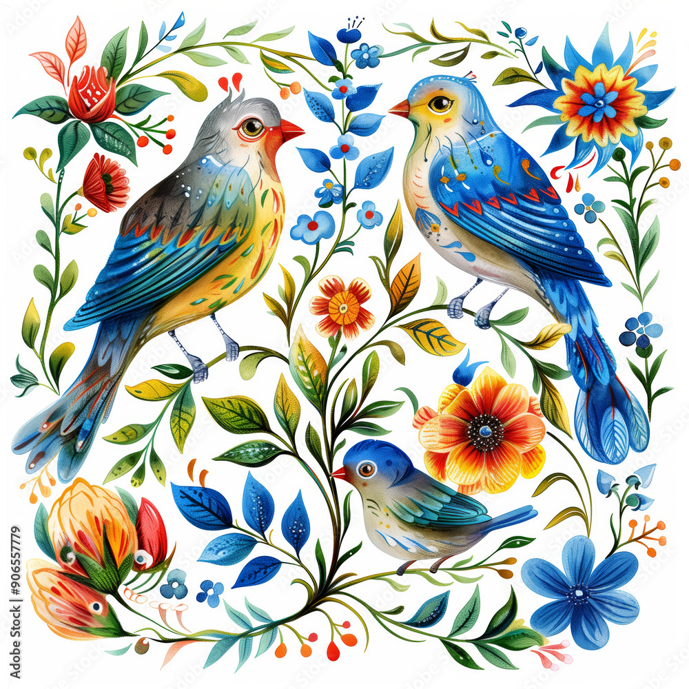 Beautiful watercolor painting with birds and flowers folk art illustration Ukranian style clip art Beautiful watercolor painting with birds and flowers folk art illustration Ukranian style clip art