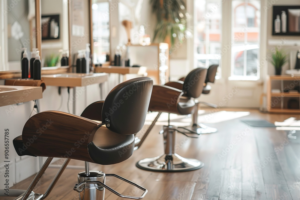 Modern Hair Salon Interior with Styling in Progress Modern Hair Salon Interior with Styling in Progress