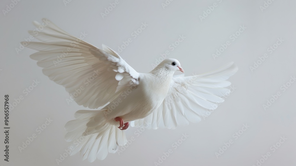 Fototapeta premium Flying white dove. Pigeon on a grey background.