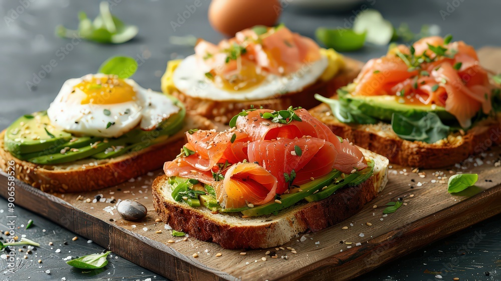 collection of open-faced sandwiches topped with ingredients like avocado, poached eggs, and smoked salmon, presented on a stylish board or plate. collection of open-faced sandwiches topped with ingredients like avocado, poached eggs, and smoked salmon, presented on a stylish board or plate.
