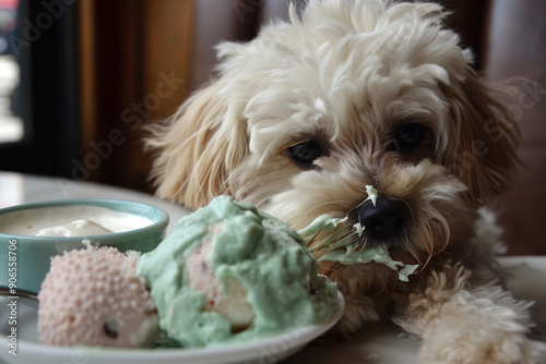 Cute puppy with ice-cream. National spumoni day on 21th August photo