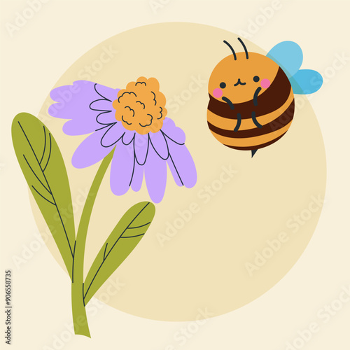 Cute kawaii bee and flowers in cartoon, flat, doodle, simple style. Design element for posters, postcards, greeting cards, wallpapers, children's clothes, fabrics, t-shirts, logos