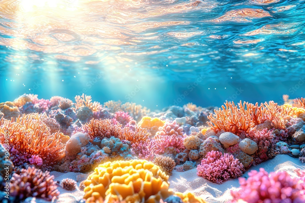 Naklejka premium Vibrant Underwater Scene with Colorful Fish and Coral Reefs