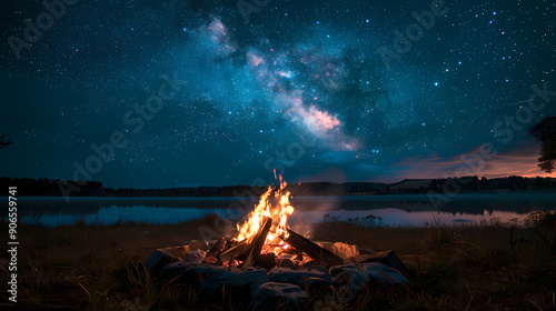 Campfire at night with a sky full of stars in background