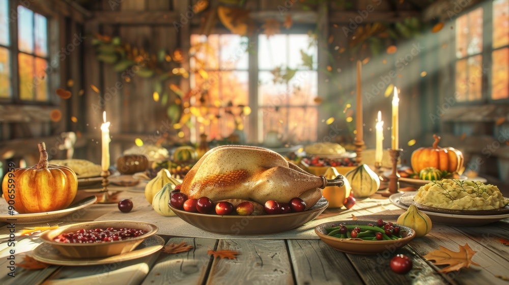 Fototapeta premium Selective focus of multiethnic family standing near turkey and thanksgiving dinner at home