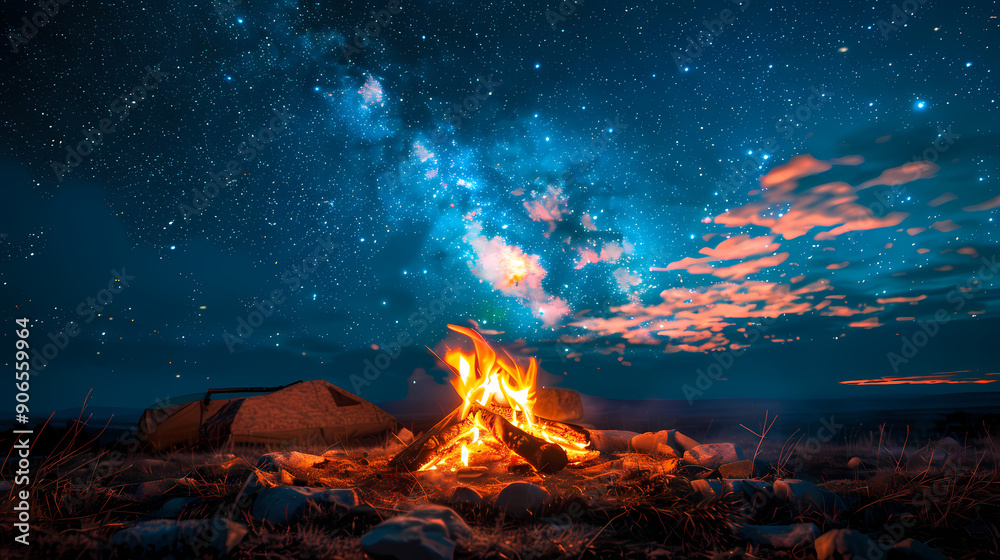 Campfire at night with a sky full of stars in background Campfire at night with a sky full of stars in background