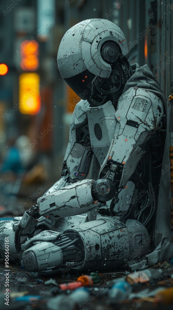 Futuristic robot, homeless and dejected, sits on a gritty urban street surrounded by neon lights at night, embodying a sad and dystopian atmosphere. Futuristic robot, homeless and dejected, sits on a gritty urban street surrounded by neon lights at night, embodying a sad and dystopian atmosphere.