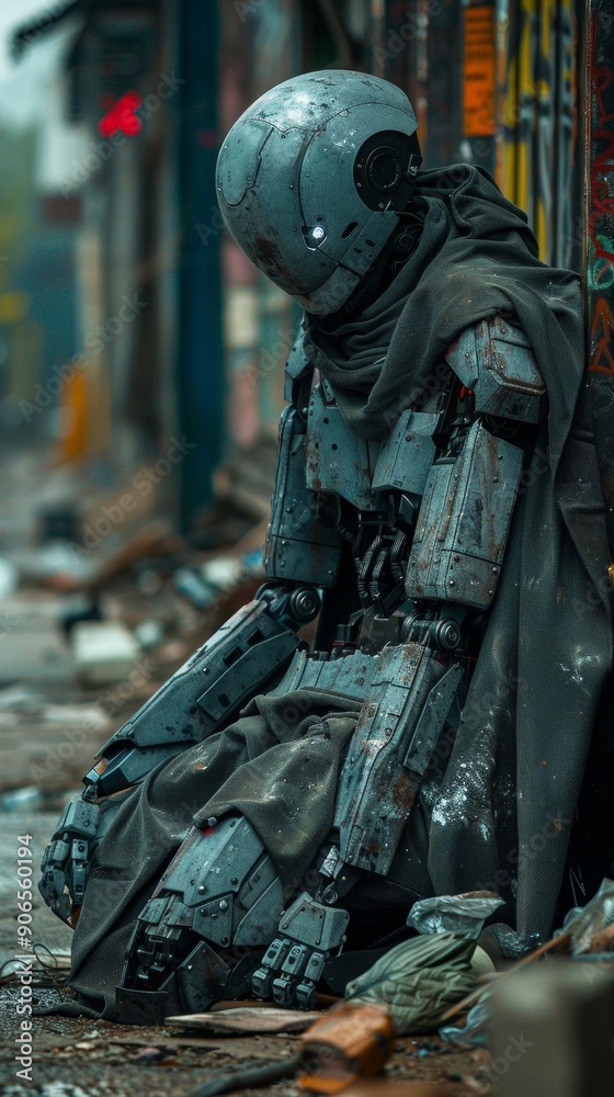 A lonely, worn-out robot covered in a gray overcoat sits on a desolate, trash-strewn city street in a grungy, futuristic urban setting. A lonely, worn-out robot covered in a gray overcoat sits on a desolate, trash-strewn city street in a grungy, futuristic urban setting.