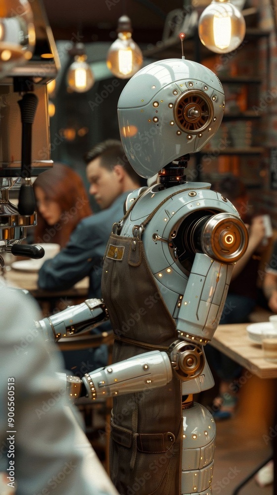 A robot barista preparing coffee inside a busy modern cafe with customers seated at tables, showcasing futuristic technology in service industry. A robot barista preparing coffee inside a busy modern cafe with customers seated at tables, showcasing futuristic technology in service industry.