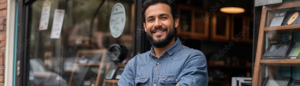 Smiling small business owner standing outside shop entrance, proudly welcoming customers with confidence and positivity. Smiling small business owner standing outside shop entrance, proudly welcoming customers with confidence and positivity.
