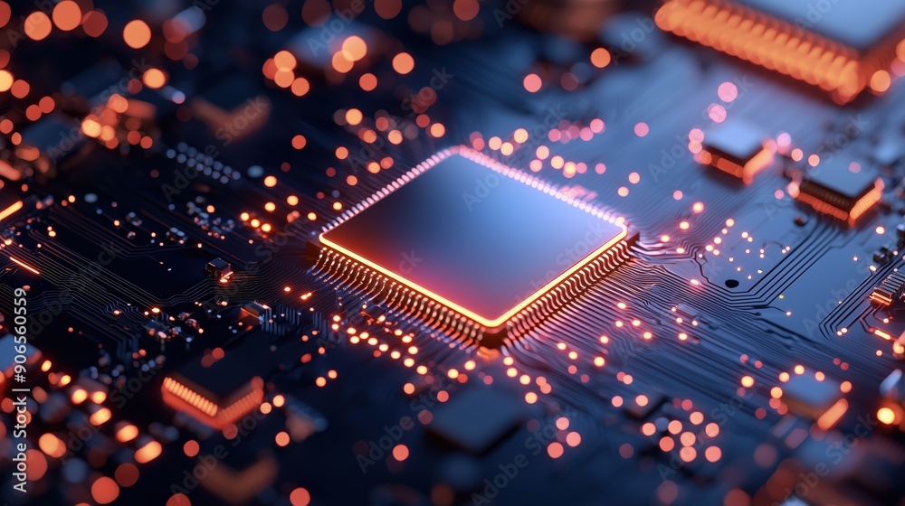 Close-up of a Modern Microchip on a Circuit Board with Glowing Connections, Representing Advanced Technology, Innovation, and High-Performance Computing in the Digital Age Close-up of a Modern Microchip on a Circuit Board with Glowing Connections, Representing Advanced Technology, Innovation, and High-Performance Computing in the Digital Age