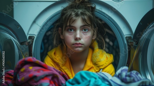 Child Inside Washing Machine Amid Colorful Laundry - Domestic Chore, Household Activity Concept. Generative ai