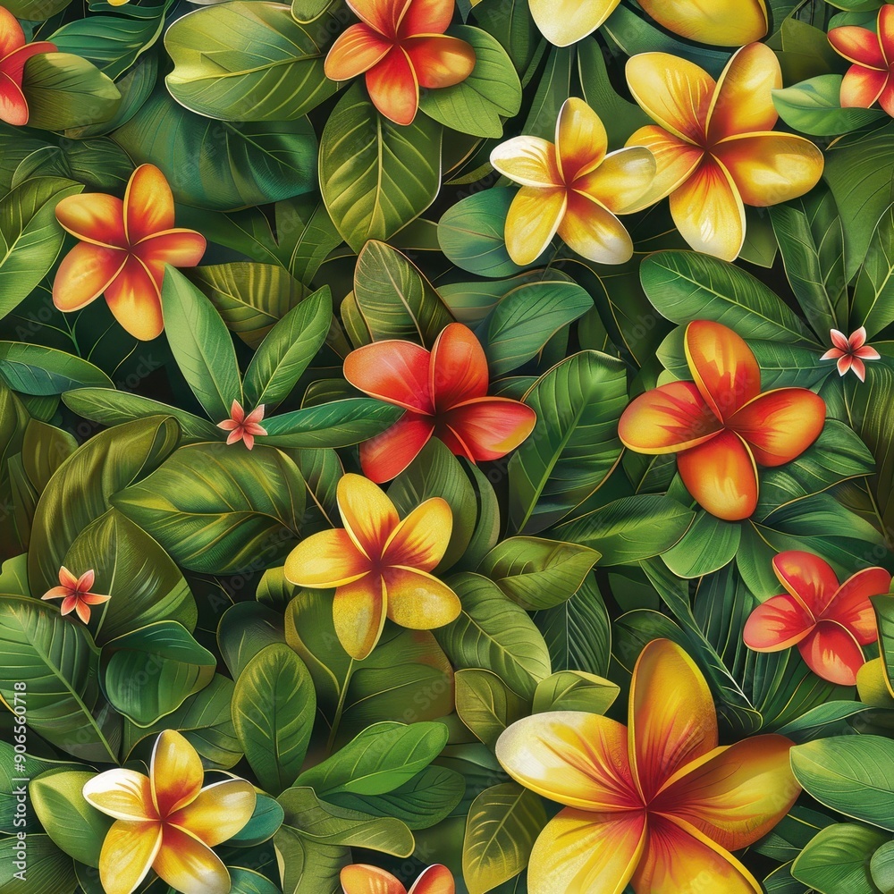 Seamless pattern of vibrant flowers and lush green leaves. Seamless pattern of vibrant flowers and lush green leaves.