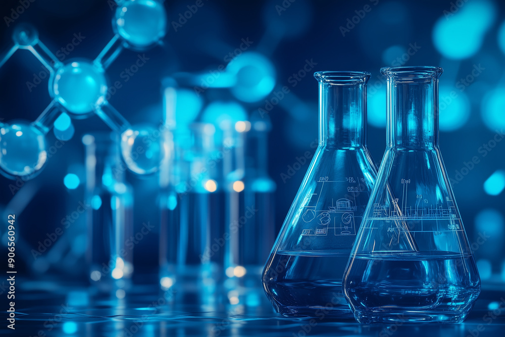 In the laboratory, a Gbeaker and flask sit prominently with a blue banner background that illustrates a complex chemical structure, emphasizing the innovative processes and discove In the laboratory, a Gbeaker and flask sit prominently with a blue banner background that illustrates a complex chemical structure, emphasizing the innovative processes and discove