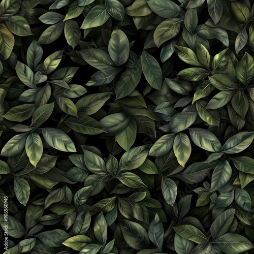 Seamless pattern of lush green leaves with detailed textures. photo