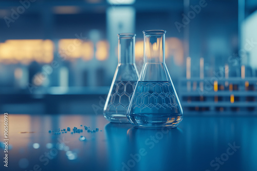 In the laboratory, a Gbeaker and flask sit prominently with a blue banner background that illustrates a complex chemical structure, emphasizing the innovative processes and discove photo