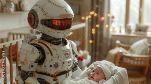 A futuristic robot nanny tenderly holding a baby in a cozy nursery room, showcasing advanced childcare technology.