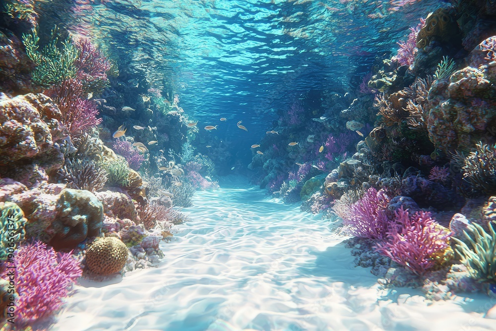 Naklejka premium Vibrant Underwater Scene with Colorful Fish and Coral Reefs