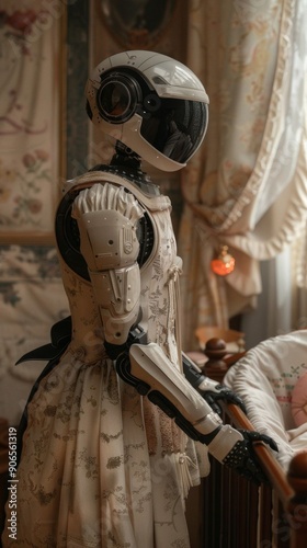 A robot nanny wearing a dress stands beside a baby crib in a decorated nursery, showcasing advanced childcare technology. photo