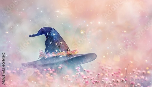 A Blue Witch Hat With Stars in a Field of Flowers photo