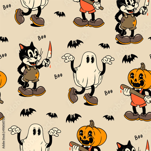 Ghost, Pumpkin head with baseball bat, Cat with knife. Halloween concept. Hand drawn modern Vector illustration. Cute creepy, scary, funny characters. Cartoon retro style. Square seamless Pattern