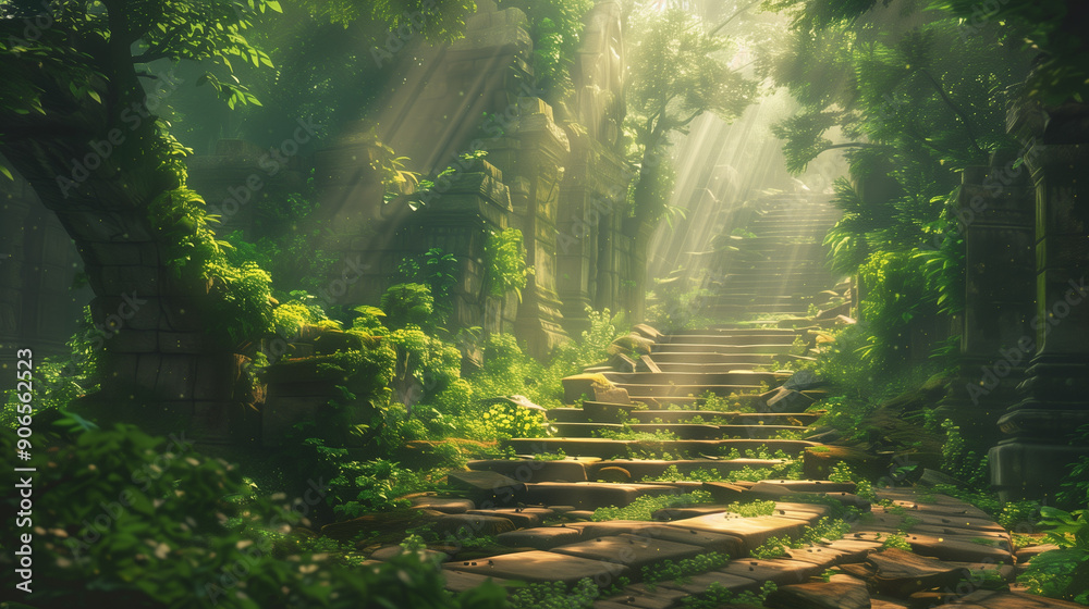 A lush green forest path dappled with sunlight, leading to mysterious ancient ruins in the background.
A lush green forest path dappled with sunlight, leading to mysterious ancient ruins in the background.