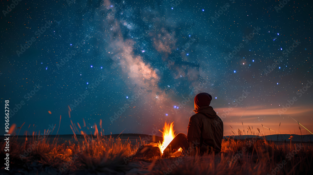 Campfire at night with a sky full of stars in background Campfire at night with a sky full of stars in background