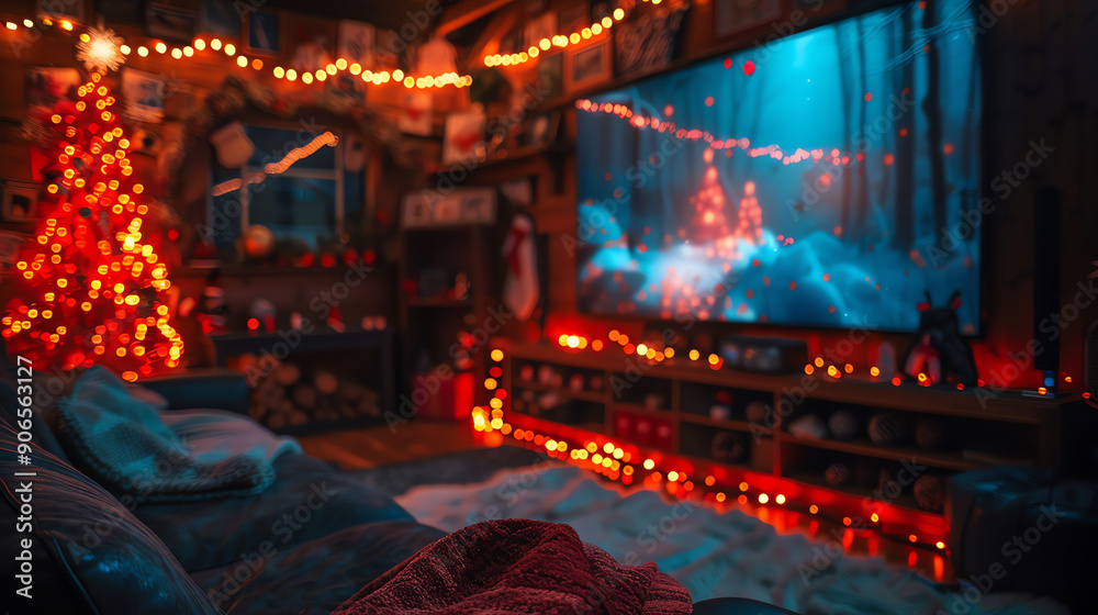 A cozy living room with a lit Christmas tree, a large TV playing a snowy scene, and a couch with blankets. String lights and candles add a warm glow. A cozy living room with a lit Christmas tree, a large TV playing a snowy scene, and a couch with blankets. String lights and candles add a warm glow.