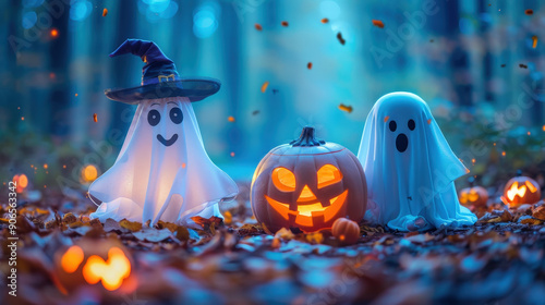 A spooky Halloween scene with a glowing pumpkin in a dark cave, surrounded by bats and ghosts, with a fire burning in an aquarium photo