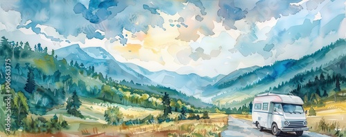 Triadic color vintage watercolor painting of a campervan on a country road, meadows and mountains view