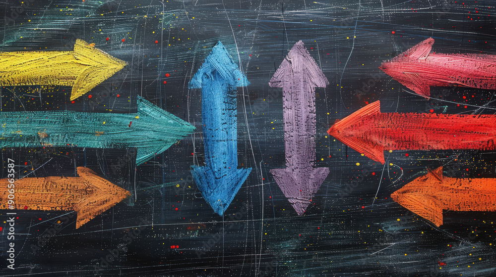 Colorful chalk-drawn arrows pointing left and right on a blackboard ...