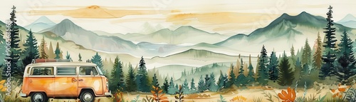 Vintage campervan driving by scenic meadows and mountains, vintage watercolor painting, triadic colors