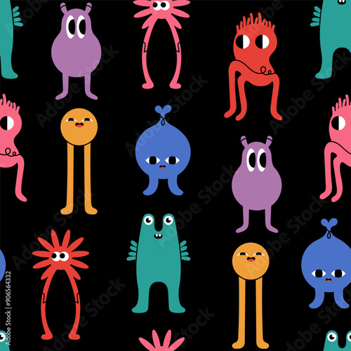 Abstract little Monsters or fantastic animals. Various quirky funny creatures. Cartoon childish style. Cute characters. Hand drawn Vector illustration. Square seamless Pattern, background
