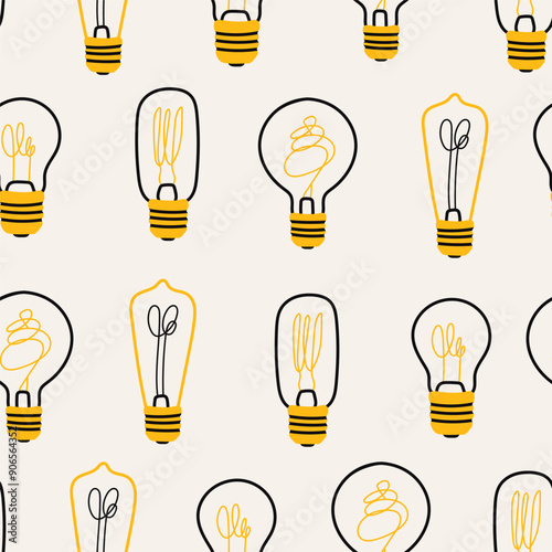 Various Light bulbs. Cartoon flat style. Idea, creativity, innovation, inspiration, invention concept. Hand drawn modern Vector illustration. Square seamless Pattern, background, wallpaper