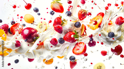 An airy mousse with wild berries and summer fruits on a white background. Among the fruits are strawberries, blueberries, bananas, apricots, cherries and oranges