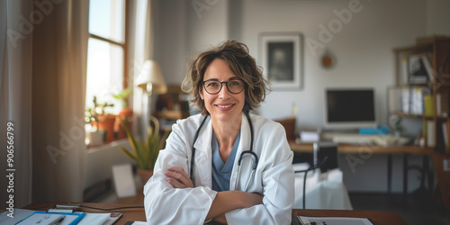 Portrait of confident woman doctor sitting in a medical office, advice and consulting in clinic, therapist, healthcare