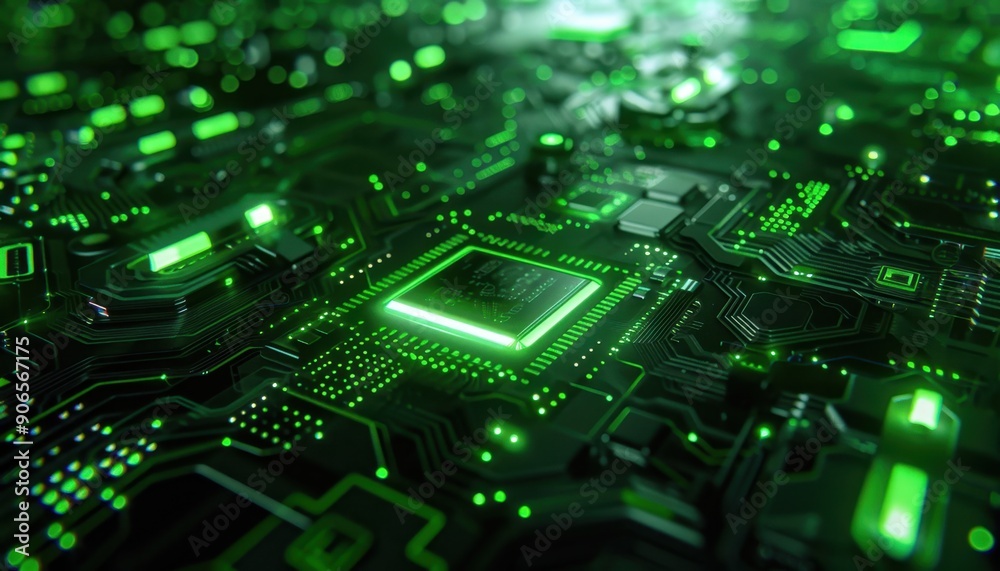 Close-Up View of a Green Glowing Circuit Board With a Central Processor Close-Up View of a Green Glowing Circuit Board With a Central Processor