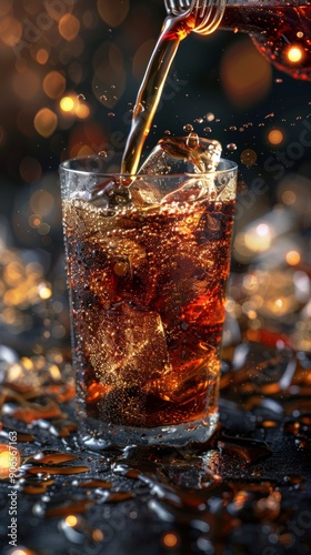 Inviting Close-up of Coke Beverage Pouring into a Glass on a Dark Background, Capturing the Essence of Refreshment