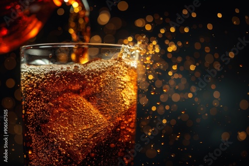 Inviting Close-up of Coke Beverage Pouring into a Glass on a Dark Background, Capturing the Essence of Refreshment