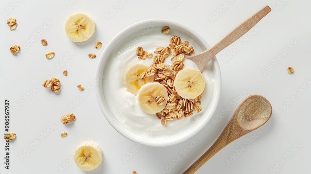 Fresh sliced banana fruit with milk breakfast closeup view Fresh sliced banana fruit with milk breakfast closeup view