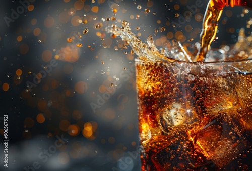 Inviting Close-up of Coke Beverage Pouring into a Glass on a Dark Background, Capturing the Essence of Refreshment