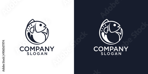 Fish and sea waves in circle shape - concept logo vector illustration. Salmon fish blue icon emblem. Creative graphic sign.
