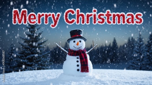 Snowman with word merry christmas, snow falling, christmas and celebration concept.