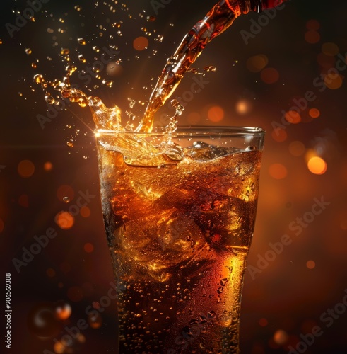 Inviting Close-up of Coke Beverage Pouring into a Glass on a Dark Background, Capturing the Essence of Refreshment