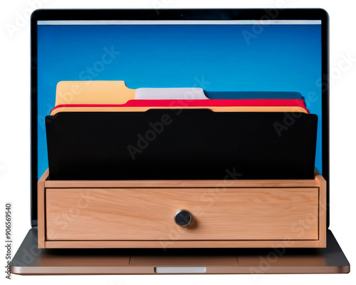 File drawer on laptop screen, business and data stores concept, on transparent background PNG.